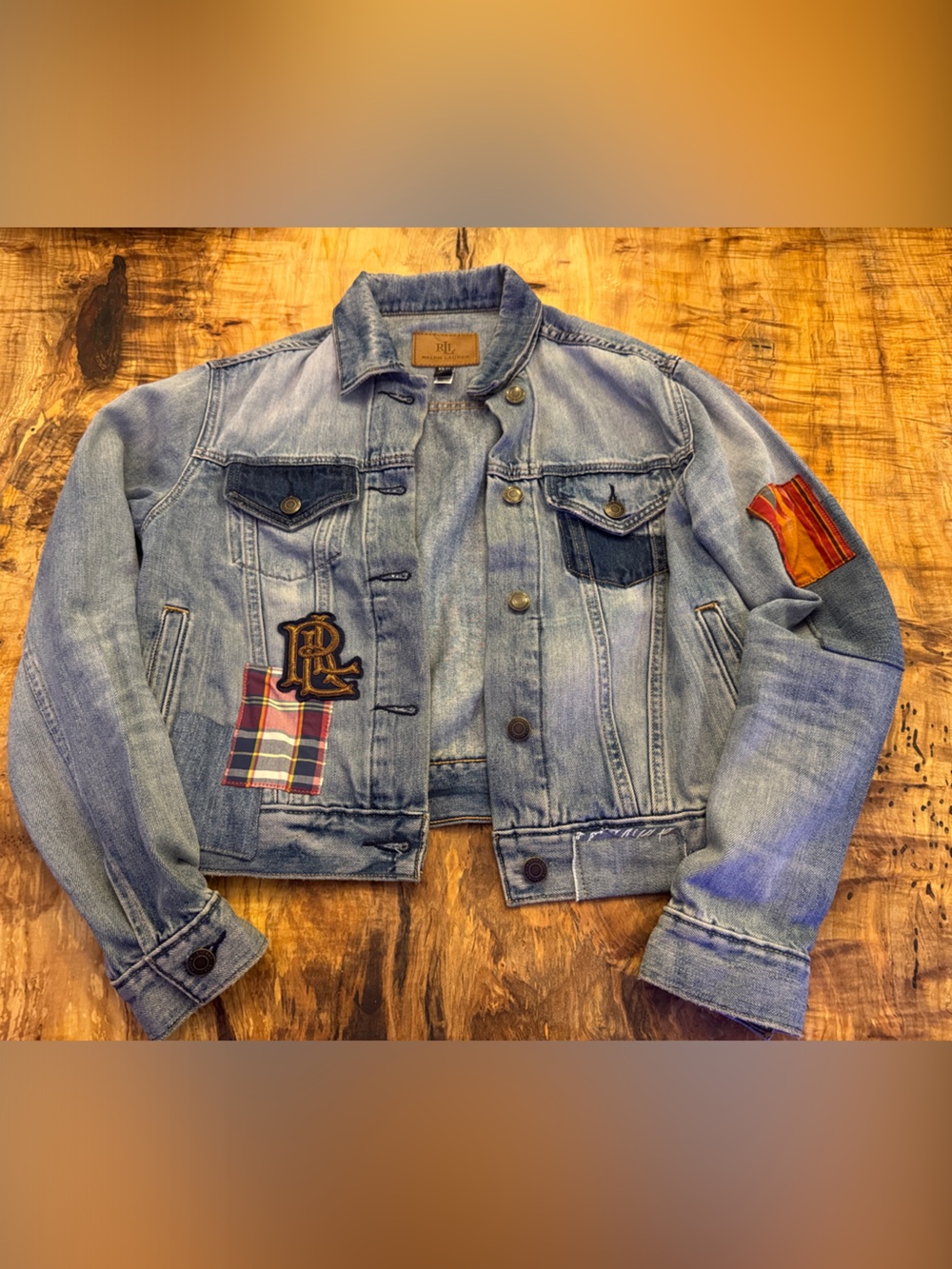 Ralph Lauren Trucker Blue Denim Jacket with Plaid & Patch Accents